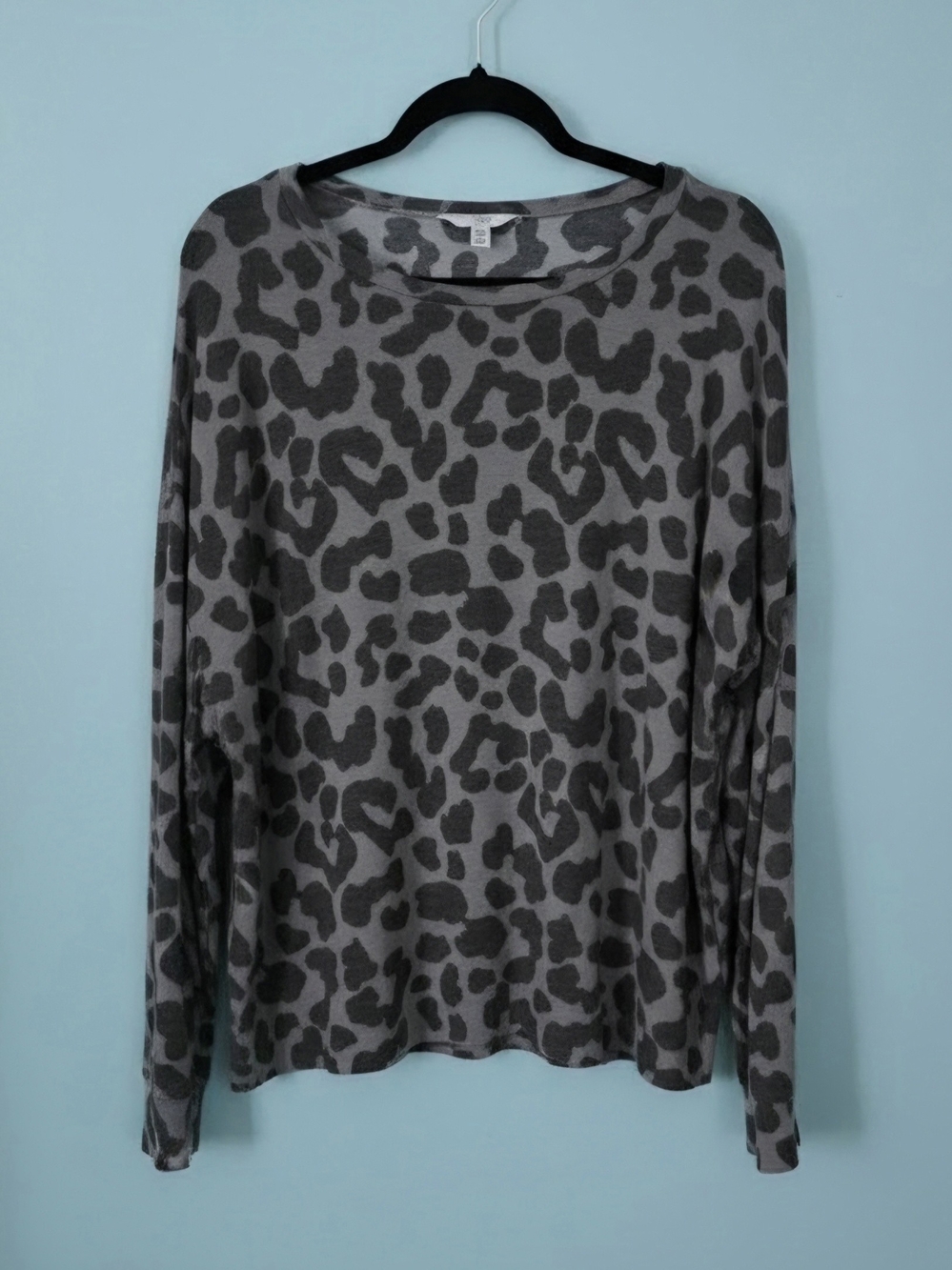 Time and Tru Gray and Dark Gray Leopard Print Crewneck Sweater